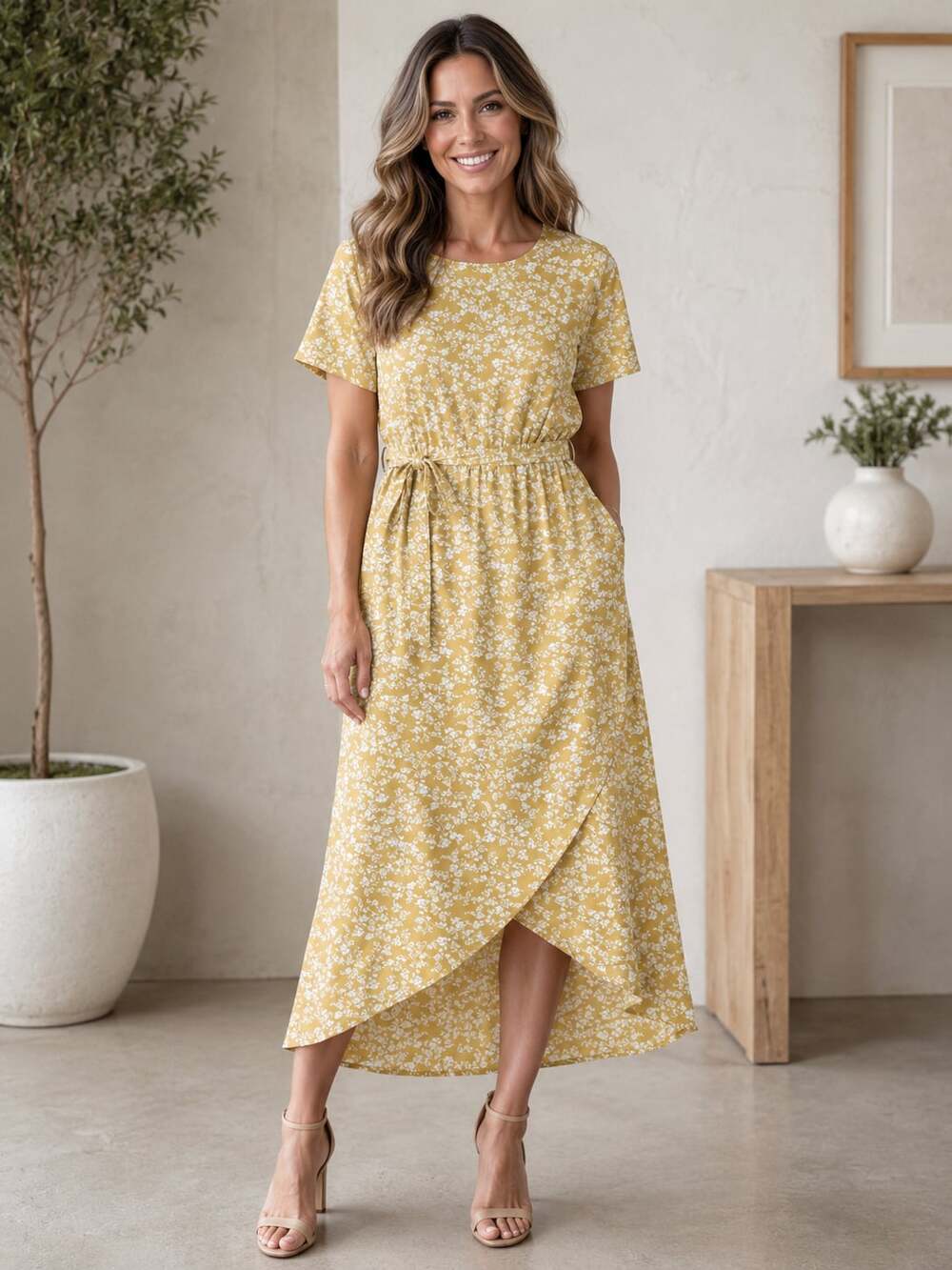 Mimi + Daphne Floral Maxi Dress Women S Mustard Yellow Belted Cottagecore